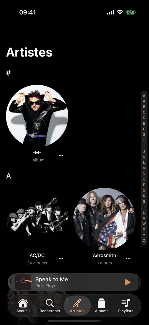 Liste des artistes avec index alphabétique